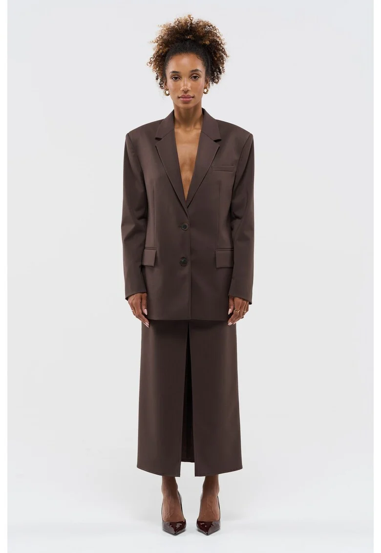 Sacou oversized din lana virgina cu nasturi, Maro