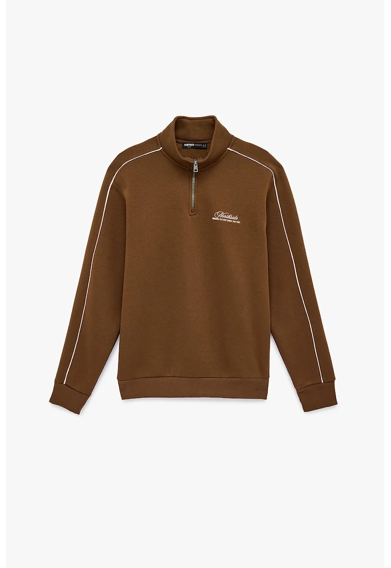 Bluza de trening cu fenta cu fermoar si benzi contrastante, Maro cognac