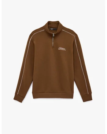 Bluza de trening cu fenta cu fermoar si benzi contrastante, Maro cognac