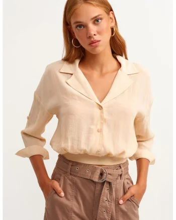 Bluza crop cu guler drapat, Bej deschis