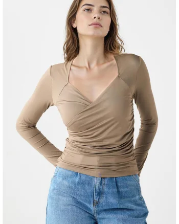 Bluza cu decolteu sweetheart, Maro taupe deschis