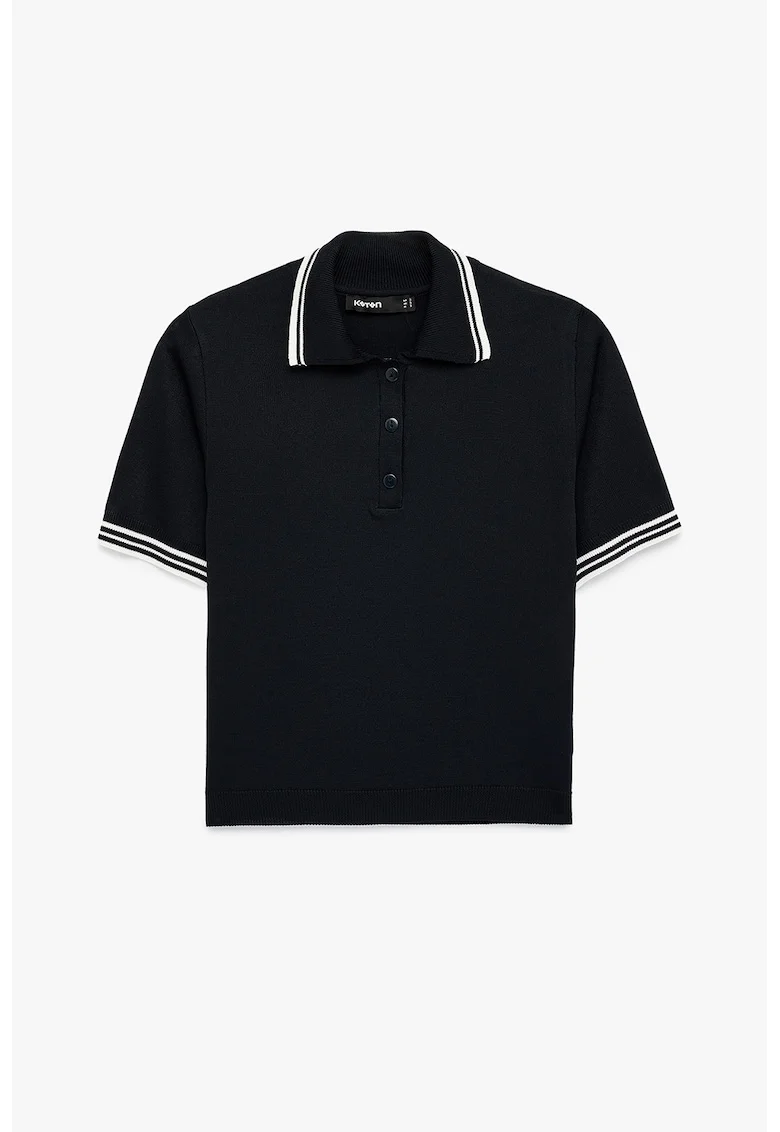 Pulover crop polo cu terminatii contrastante, Albastru inchis