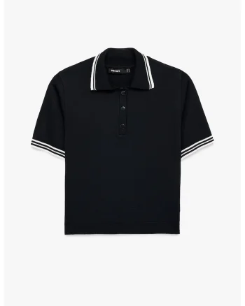 Pulover crop polo cu terminatii contrastante, Albastru inchis