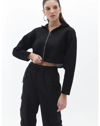 Hanorac crop cu fermoar, Negru
