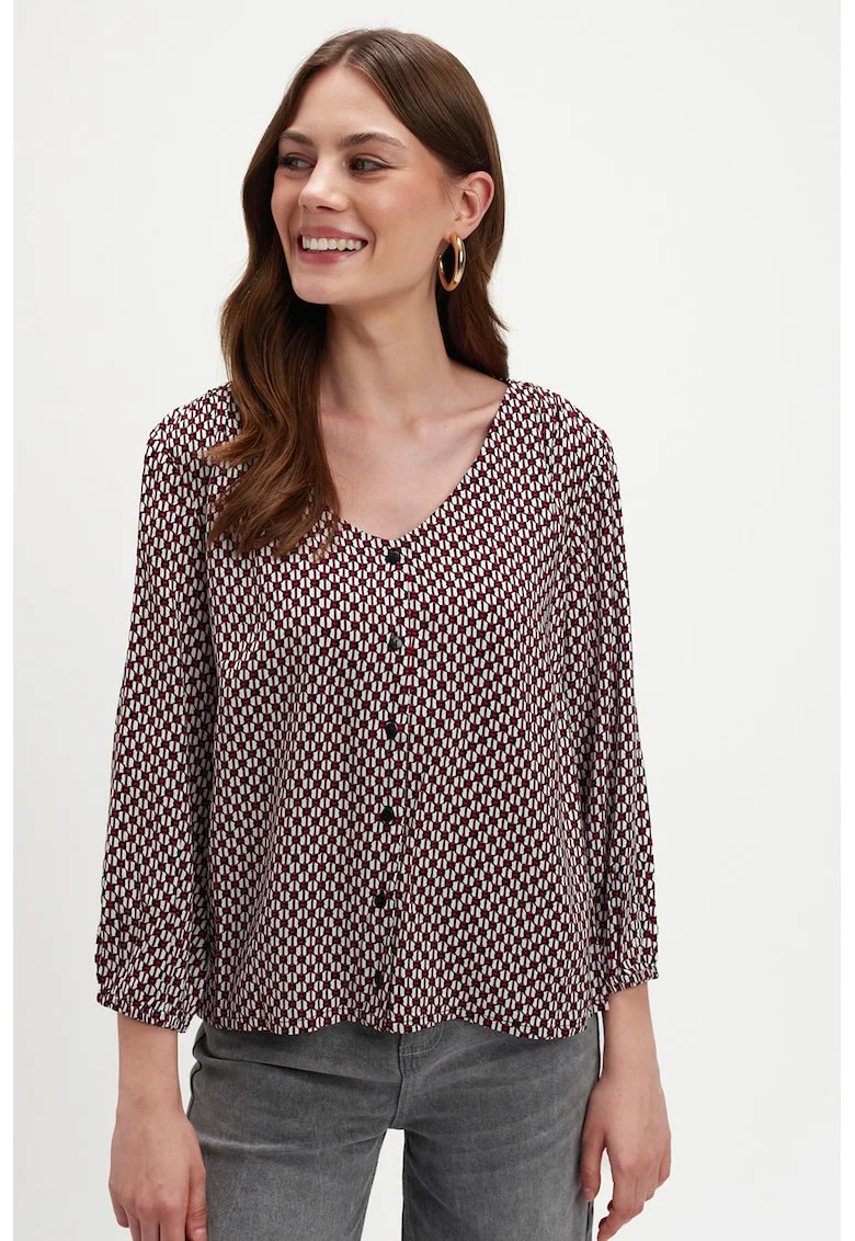 Bluza cu decolteu in V si mansete elastice, Rosu/Negru/Alb optic
