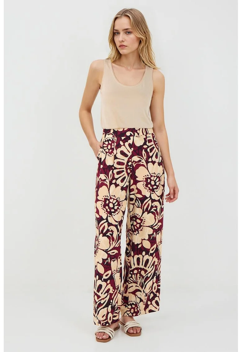 Pantaloni cu talie inalta si model grafic, Visiniu/Bej/Rosu inchis