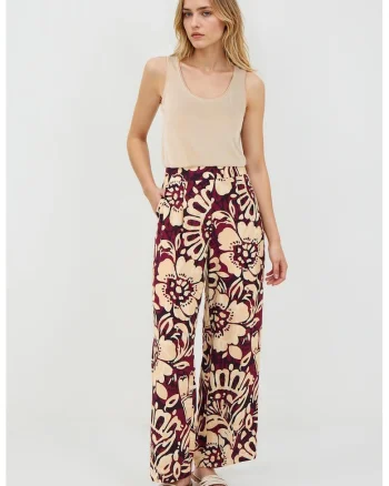 Pantaloni cu talie inalta si model grafic, Visiniu/Bej/Rosu inchis