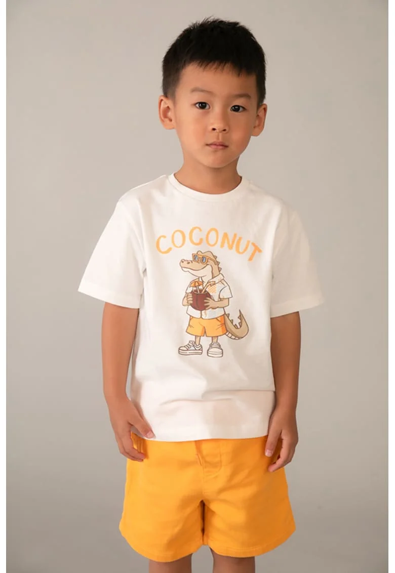 Tricou de bumbac cu model grafic, Portocaliu pal/Alb murdar