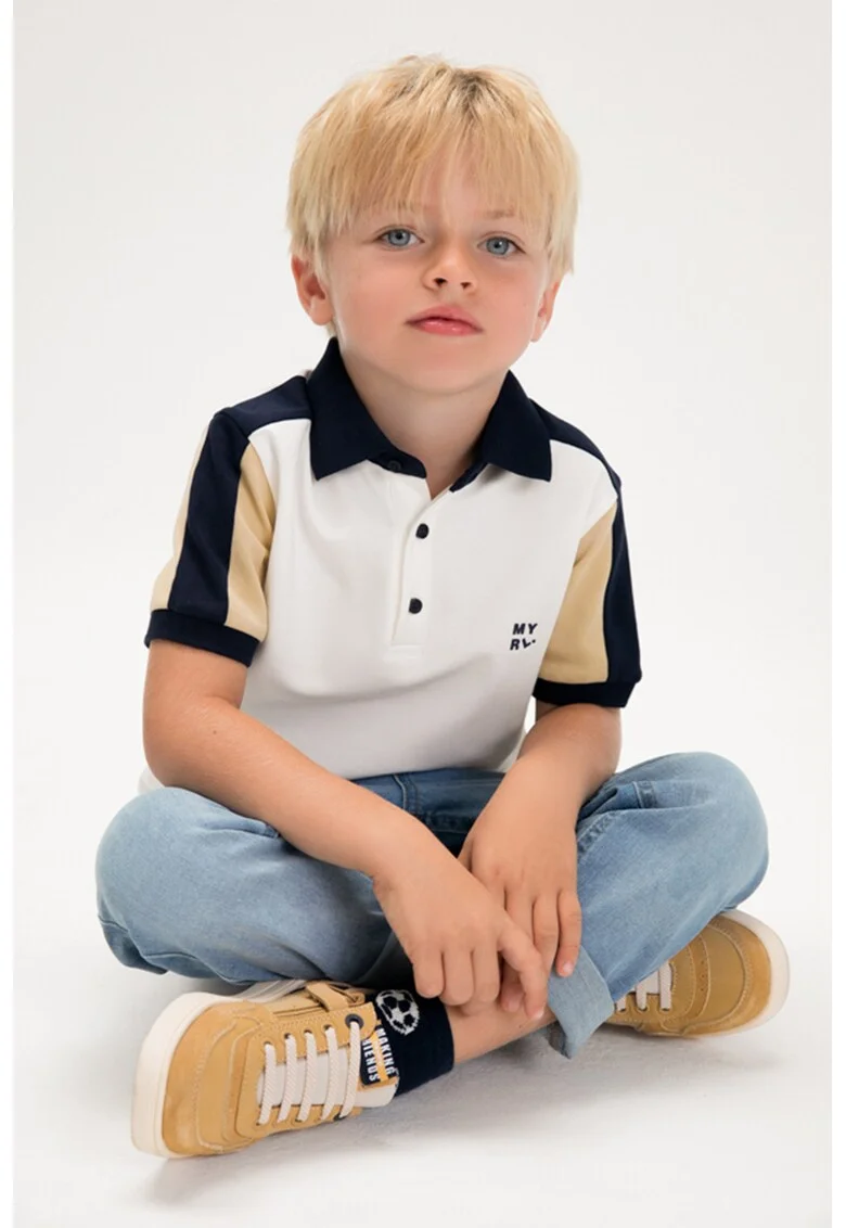 Tricou polo cu model colorblock, Alb fildes/Bleumarin