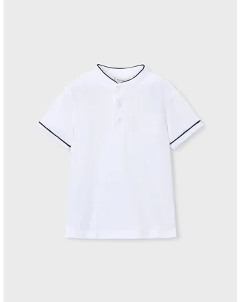 Tricou cu buzunar pe piept si decolteu henley, Alb/Bleumarin