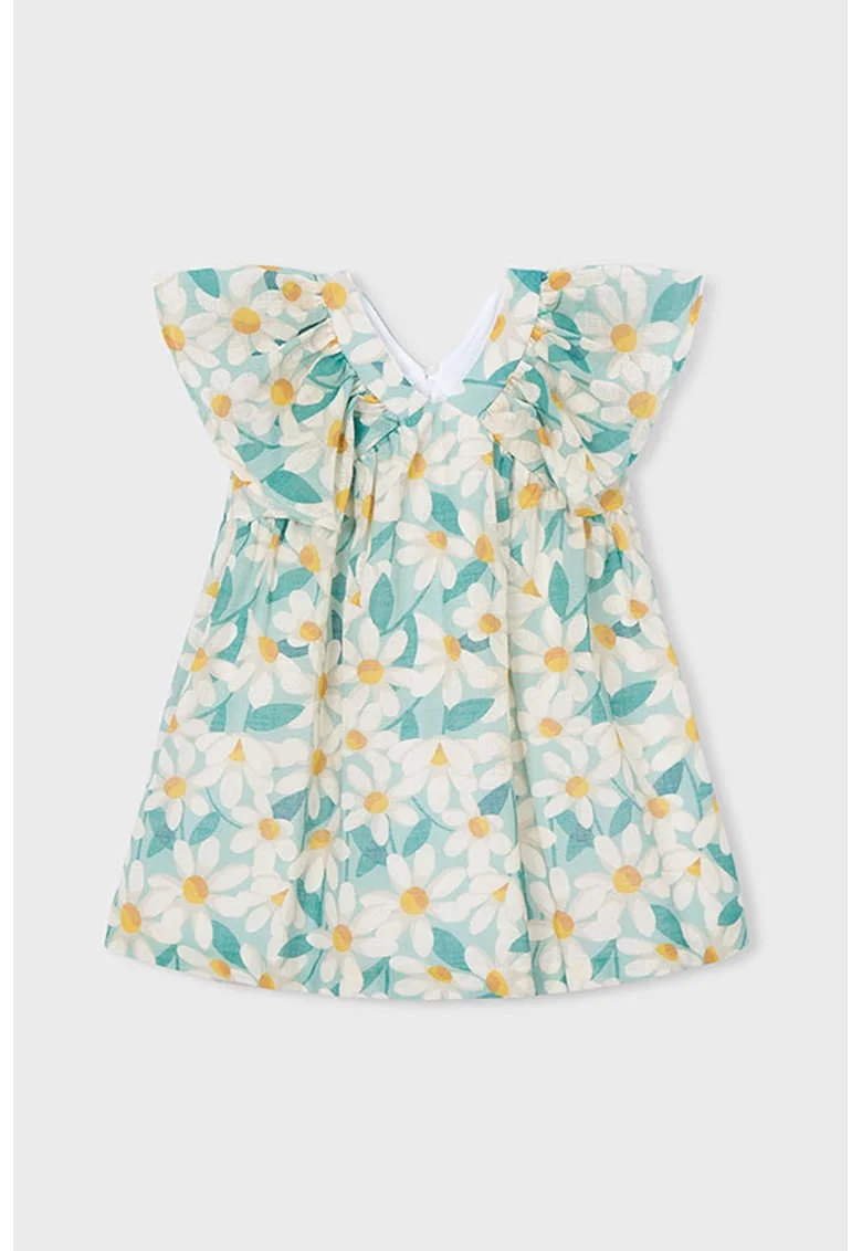 Rochie dreapta cu model floral si decolteu in V, Alb/Verde/Portocaliu pal