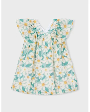 Rochie dreapta cu model floral si decolteu in V, Alb/Verde/Portocaliu pal