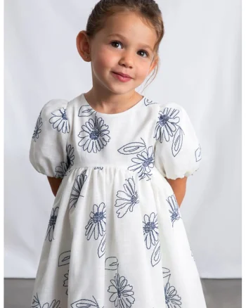 Rochie evazata cu imprimeu floral si maneci bufante, Alb/Bleumarin