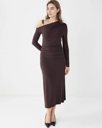 Rochie cambrata cu maneci lungi, Maro inchis