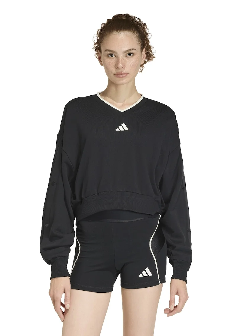 Bluza de trening cu croiala crop si decolteu in V Stadium, Alb/Negru