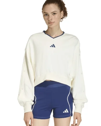 Bluza de trening cu croiala crop si decolteu in V Stadium, Crem/Bleumarin