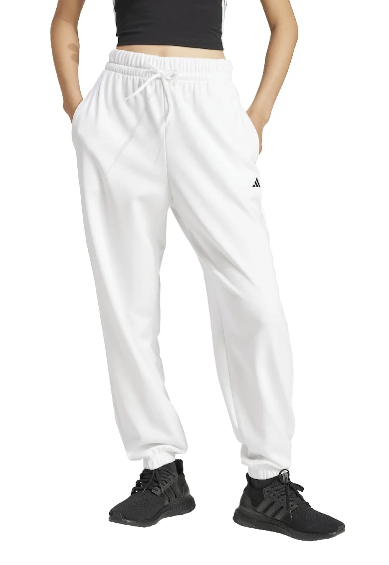 Pantaloni de trening cu snur in talie si croiala conica, Alb optic