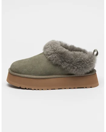 Ghete de piele intoarsa fara inchidere cu blana, Verde pal