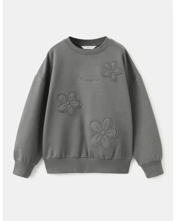 Bluza de trening din bumbac cu aplicatii cu model floral, Gri inchis
