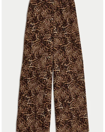 Pantaloni cu croiala dreapta si animal print, Maro deschis/Maro camel