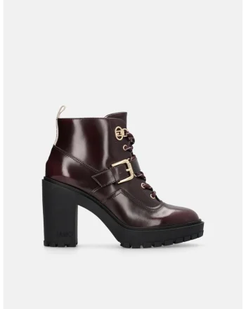 Botine de piele si piele ecologica cu toc masiv, Visiniu