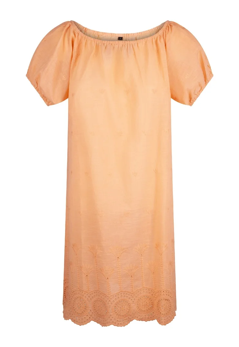 Rochie cu maneci scurte si garnitura din dantela sangallo, Portocaliu/Coral