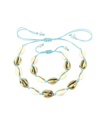 Set colier si bratara cu scoici naturale si snur, ajustabile, C4,, Auriu