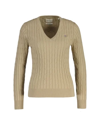 Pulover slim fit cu model torsade si decolteu in V, Bej