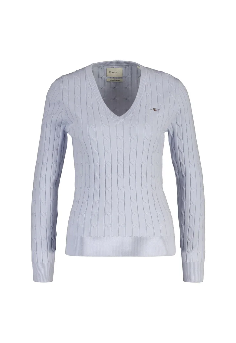 Pulover slim fit cu model torsade si decolteu in V, Albastru pal