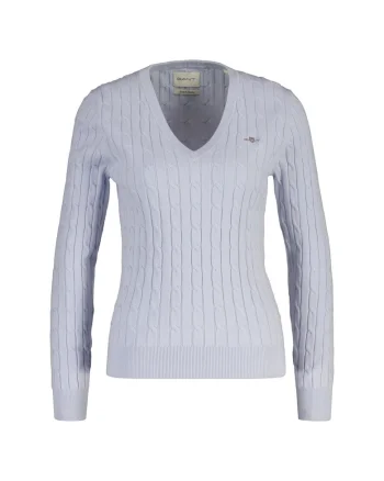 Pulover slim fit cu model torsade si decolteu in V, Albastru pal