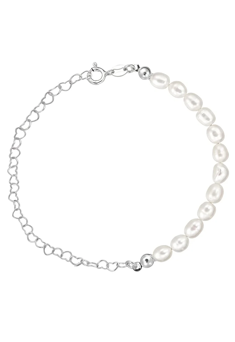 Bratara Pentru Picior/Glezna argint 925 cu perle de cultura albe 6mm, tip bob de orez + lant inimi, inchizatoare clasica