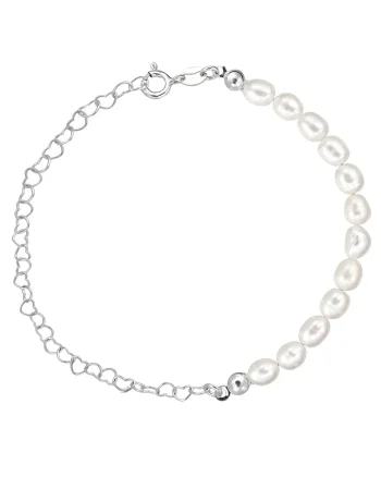 Bratara Pentru Picior/Glezna argint 925 cu perle de cultura albe 6mm, tip bob de orez + lant inimi, inchizatoare clasica