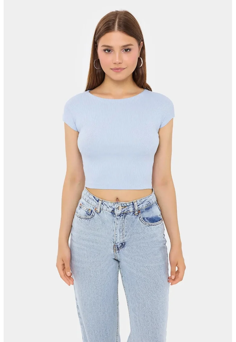 Tricou dama,  scurt, maneca scurta, albastru, bumbac