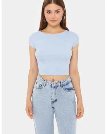 Tricou dama,  scurt, maneca scurta, albastru, bumbac