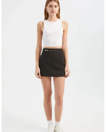 Fusta mini dama  talie inalta, textil, negru