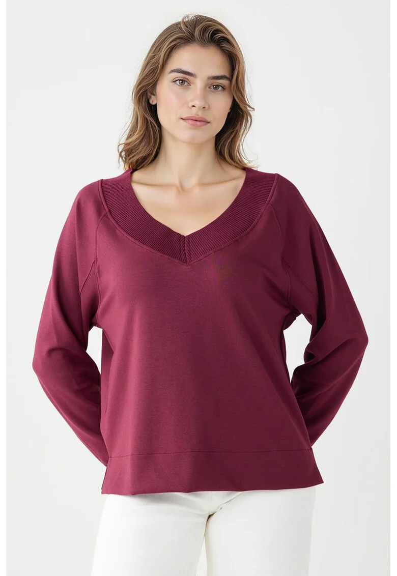 Bluza de trening din amestec de modal cu croiala lejera si decolteu in V, Visiniu