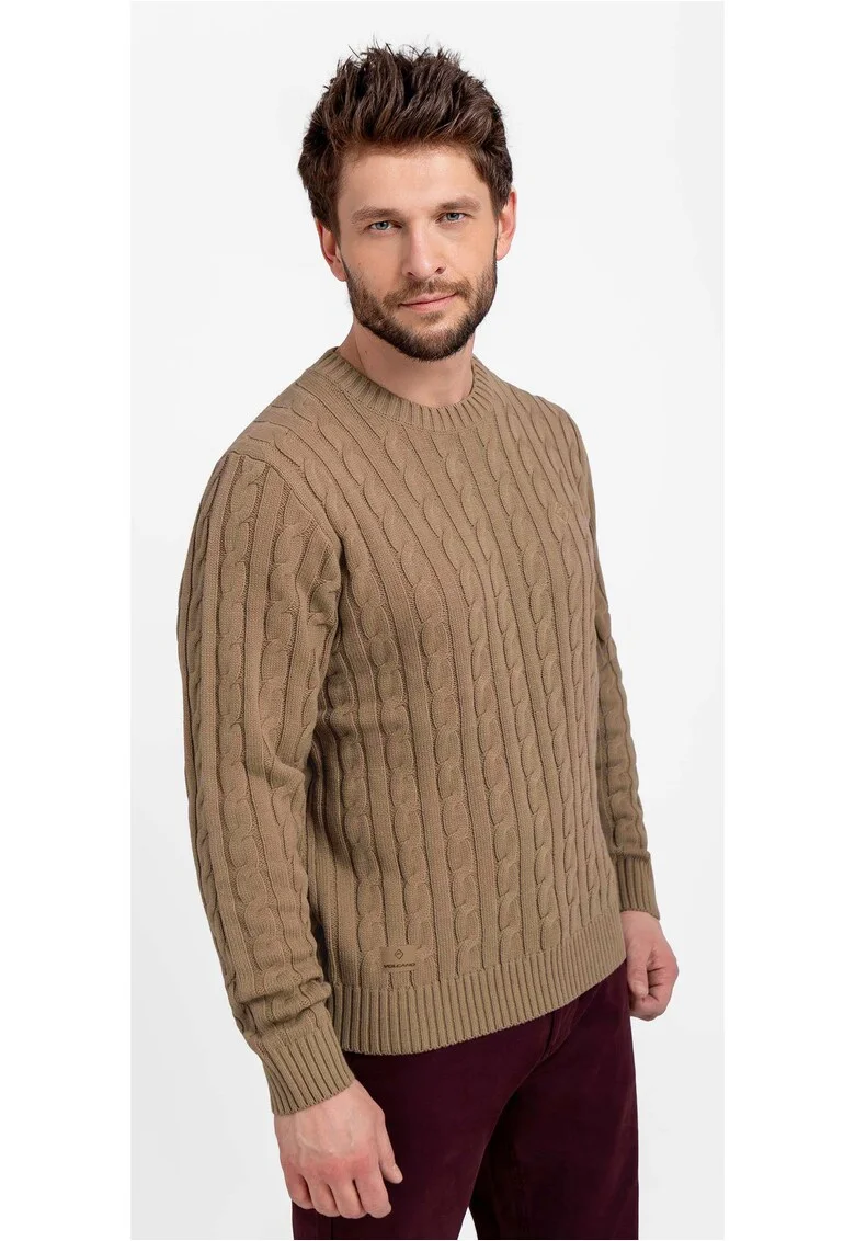 Pulover cu model torsade, decolteu rotund, barbati,  S-Roby, Bej, Bej
