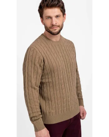 Pulover cu model torsade, decolteu rotund, barbati,  S-Roby, Bej, Bej
