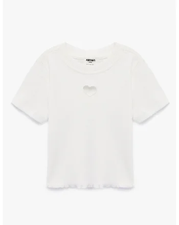 Tricou crop cu decupaj in forma de inima, Alb murdar