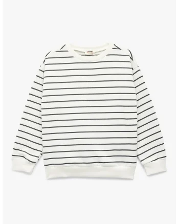 Bluza de trening din amestec de bumbac cu model in dungi, Alb fildes/Gri inchis