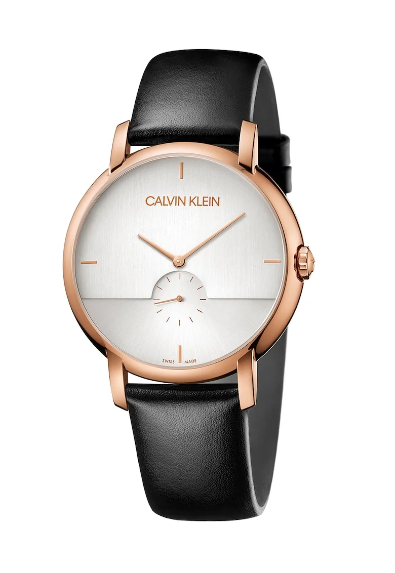 Ceas quartz cu o curea de piele, Negru, Roz auriu