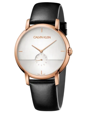 Ceas quartz cu o curea de piele, Negru, Roz auriu
