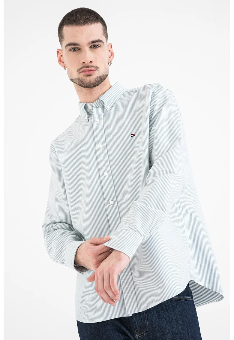 Camasa Oxford regular fit cu model in dungi, Verde pal