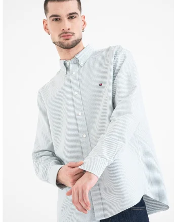 Camasa Oxford regular fit cu model in dungi, Verde pal