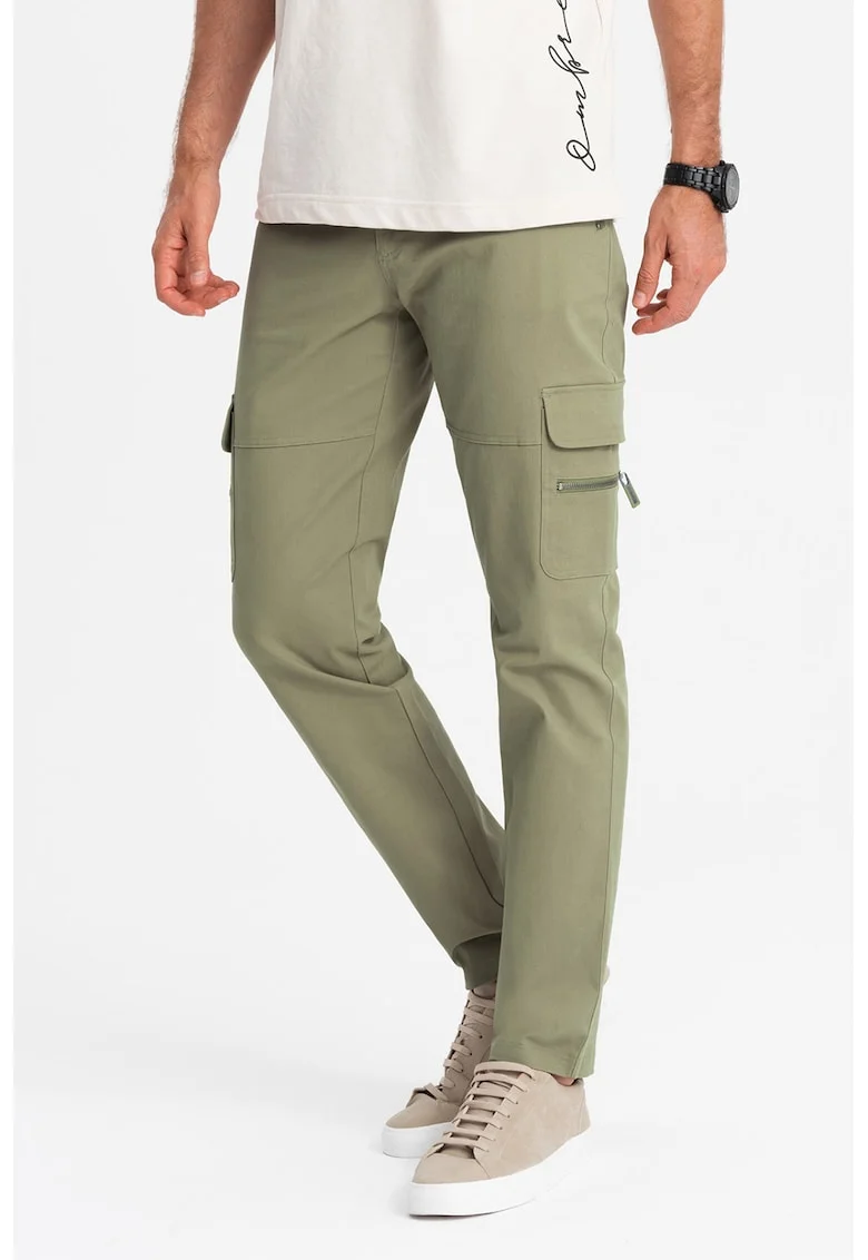 Pantaloni cargo cu croiala dreapta si buzunare cu fermoar, Verde sparanghel