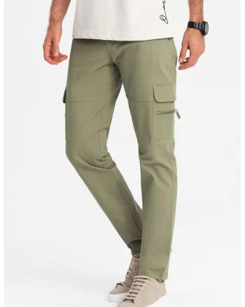 Pantaloni cargo cu croiala dreapta si buzunare cu fermoar, Verde sparanghel