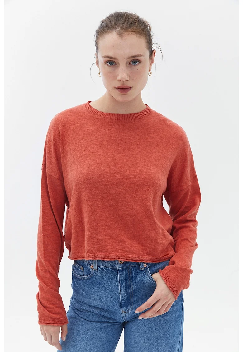 Pulover tricotat fin cu decolteu la baza gatului, Coral