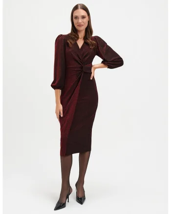 Rochie midi cu maneci bufante, Rosu inchis