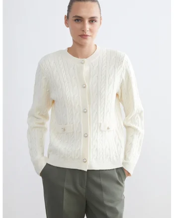 Cardigan cu model torsade, Crem