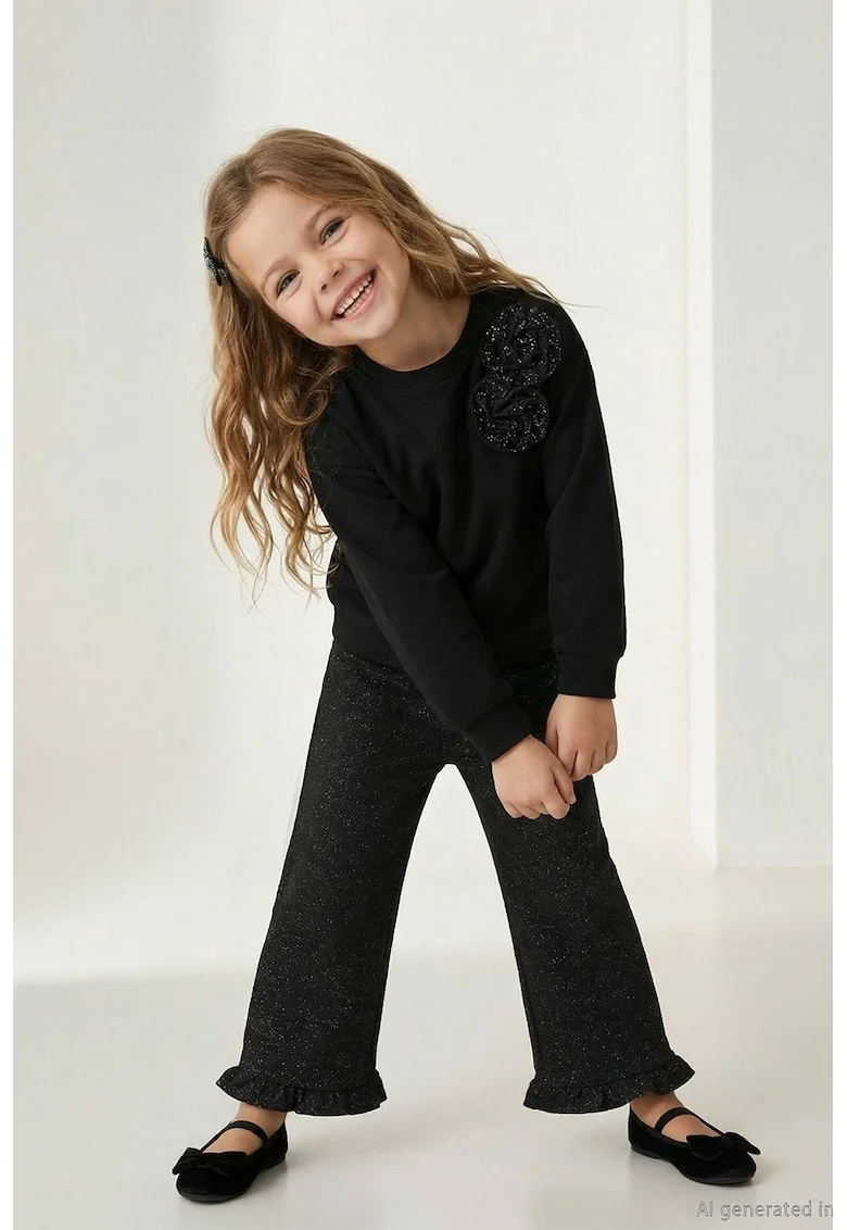 Bluza de trening cu aplicatii florale de dantela, Negru